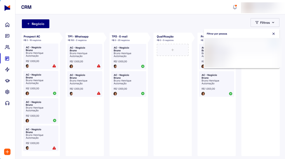 CRM Kanban da Maxbot com negócios organizados por etapa do funil