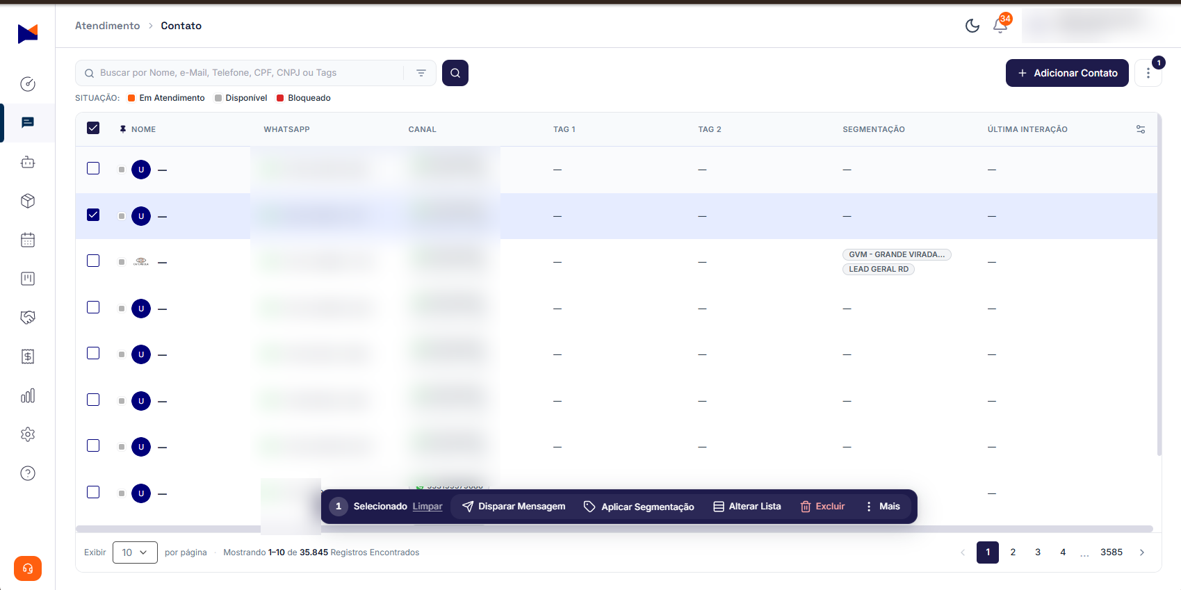 Tela de contatos da Maxbot com disparo de mensagem em massa e segmentação da base